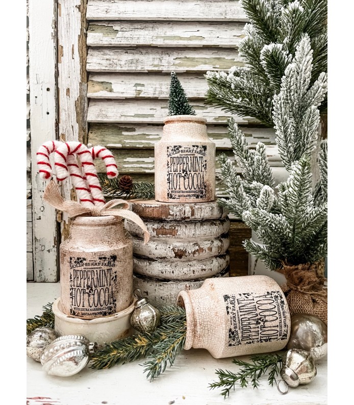 Antique Ironstone 1lb Shapely Crock w/Peppermint Hot Cocoa transfer - Mother Thyme Collection - Holiday